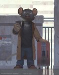 2021 anthro biped black_body black_fur bottomwear cellphone clothing detailed_background electronics fur humanoid_hands jokjaebissi male mammal mouse murid murine outside pants phone rodent shirt smartphone solo topwear