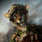 1:1 anthro armor battle blood blurred_background bodily_fluids canid canine canis clothing coyote electronics headgear headphones headset helmet hi_res male mammal military military_clothing military_helmet military_uniform shocked solo stare techiesxc topwear uniform vest