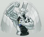 2022 abs anjing_kampuss anthro black_body digital_media_(artwork) dragon dragon_city front_view grey_body half-length_portrait hi_res horn lubricating male metal_dragon_(dragon_city) multi_horn muscular muscular_anthro muscular_arms muscular_male mythological_creature mythological_scalie mythology navel portrait raised_arm reptile scalie signature simple_background solo wd-40 wings yellow_sclera