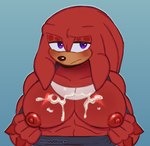 alternate_version_at_source anthro big_pecs black_nose blush blush_lines bodily_fluids clothing clothing_pull cum cum_on_chest echidna fur genital_fluids glistening glistening_body glistening_pecs hi_res knuckles_the_echidna looking_at_viewer male mammal meowwabae monotreme muscular muscular_anthro muscular_male nipples pecs presenting presenting_pecs puffy_nipples purple_eyes red_body red_fur sega showing_chest shy simple_background solo sonic_the_hedgehog_(series)