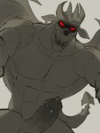 3:4 absurd_res andrefil360 bodily_fluids darkest_dungeon erection fangs gargoyle genitals hi_res horn looking_at_viewer looking_down looking_down_at_viewer male muscular muscular_male nude open_mouth penis red_eyes saliva solo tail teeth wings