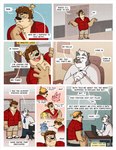 anthro blue_eyes bottomwear clothing comic computer desk dialogue dress_shirt electronics elevator english_text facial_hair footwear furniture gerald_lamoureux_(nardodraws) greeting hat headgear headwear hi_res job_interview laptop male mr._tao_(nardodraws) mustache nardodraws necktie sandals shirt shoes shorts sideburns socks socks_and_sandals socks_with_sandals table text topwear