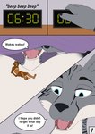 alarm_clock anthro clock comic dialogue domestic_ferret duo english_text extreme_size_difference felid feline female female_anthro hi_res larger_anthro larger_female lynx male male_anthro mammal micro micro_anthro micro_between_breasts micro_male micro_on_chest mustelid musteline nude nude_anthro nude_female nude_male size_difference smaller_anthro smaller_male text true_musteline waking_up weasel weaselclaw werther