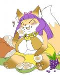 anthro apple belly big_breasts bread breasts canid canine cattle-fox_god_hathor chibi clothed clothing concon-collector cowbell curvy_figure eating egyptian egyptian_clothing female food fox fruit fur grape heart_symbol hi_res horn hybrid mammal meat no3512 obese obese_anthro obese_female overweight overweight_anthro overweight_female paws plant shendyt simple_background solo white_background