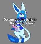 animal_genitalia animal_penis anthro balls_in_condom bargglesnatch-x1 bipedal_feral blue_sclera blush caption chest_tuft condom eeveelution elemental_creature embarrassed erection feathers felid feline feline_genitalia feline_penis generation_4_pokemon genitals glaceon hi_res humor looking_away male male_anthro mammal meme nintendo penis pokemon pokemon_(species) pupils scarf semi-anthro sexual_barrier_device shiny_pokemon shitpost solo starei_(starei) striped_body stripes text tuft wearing_condom whisper_(app) white_pupils