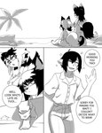 absurd_res anthro astra_lupus beach black_hair canid canine clothing comic dialogue elezen final_fantasy final_fantasy_xiv fluffy fluffy_ears fluffy_tail fox group hair hi_res human humanoid hybrid kokojun_astraldusk lalafell lalafox line_art male mammal noebertain_laimable palm_tree plant scar sinfrou speech_bubble square_enix tail tree trio