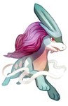 2017 ambiguous_gender anterior_nasal_aperture blue_body digital_media_(artwork) feral flavia-elric generation_2_pokemon hair hi_res legendary_pokemon nintendo open_mouth paws pokemon pokemon_(species) purple_hair quadruped red_eyes simple_background solo suicune tongue white_background white_sclera