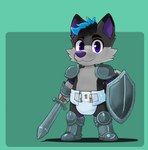 2024 abuniverse anthro armor canid canine canis diaper digital_drawing_(artwork) digital_media_(artwork) domestic_dog fur grey_body grey_fur hair hammymushpants husky looking_at_viewer male mammal melee_weapon multicolored_hair nordic_sled_dog purple_eyes shield simple_background solo spitz standing super_dry_kids_(abuniverse) super_dry_kids_(diaper) sword two_tone_hair weapon