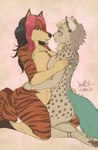 2023 anthro black_hair blokfort blonde_hair blue_eyes brown_body brown_fur canid canine canis chai_(spicychaikitten) cheetah coyote duo ear_piercing ear_ring felid feline female female/female fur green_body green_eyes green_fur hair hi_res highlights_(coloring) hug hybrid king_cheetah kneeling mammal mane markings orange_body orange_fur pantherine paws piercing ring_piercing sienna_(vulpinehero) simple_background sitting spots stripes tiger