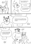 2023 anthro belly_rub bernielover bottomwear canid canine clothing comic dialogue disney english_text fan_character fox gideon_grey hand_on_another's_belly hi_res lagomorph leporid male mammal monochrome musical_note musical_symbol nate_hopps overalls overweight overweight_male pants rabbit red_fox shirt surprise symbol text topwear true_fox zootopia