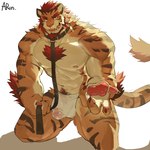 1:1 2024 absurd_res anthro arun_six big_muscles big_penis biped bulge clothing collar countershade_fur countershading detailed_bulge felid fur genitals glans half-erect hi_res holding_own_leash humanoid_genitalia humanoid_penis ineffective_clothing ineffective_loincloth leash leashed_collar looking_at_viewer male mammal muscular muscular_anthro muscular_male nipples orange_body orange_fur pantherine pecs penis red_eyes solo tiger white_body white_countershading white_fur