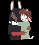 2024 alpha_channel anthro black_clothing black_hair black_shirt black_topwear blue_eyes bovid brown_body brown_fur brown_hair caprine clothing fur goat green_clothing green_shirt green_topwear hair horn hug janis_(twang) lagomorph leporid long_ears male mammal milo_(twang) rabbit red_clothing red_shirt red_topwear shirt short_tail simple_background smile solo tail topwear transparent_background twang white_body white_fur