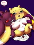 3:4 3_toes anthro areola arurri bandai_namco big_breasts blue_eyes blush bodily_fluids breasts brown_body brown_fur claws countershade_body cum curvy_figure cute_fangs dialogue digimon digimon_(species) digital_media_(artwork) dipstick_ears duo dwarfism ear_markings english_text fakemon fan_character fangs feet female female/female fenekmon finger_claws floppy_ears fur furball genital_fluids genitals hi_res horn hybrid lagomorph long_ears lop_ears lopmon lopmon_x mammal markings multicolored_body multicolored_ears multicolored_fur navel neck_tuft nipples nude open_mouth presenting pussy red_eyes red_sclera sex short_stack simple_background smile snaggle_tooth speech_bubble teeth terriermon text thick_thighs toe_claws toes tuft two_tone_body two_tone_fur vaginal white_body white_fur x-digimon yellow_body yellow_fur