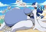 absurd_res anthro beach belly big_belly big_breasts big_butt bikini bloated blush breasts butt butt_crush choker clothed clothing duo english_text female generation_2_pokemon generation_5_pokemon gold_bikini hand_on_own_belly hi_res huge_belly huge_breasts hyper hyper_belly jewelry legendary_pokemon lugia necklace nintendo pokemon pokemon_(species) purrloin sitting sitting_on_another size_difference sloshing_belly solo_focus speech_bubble swimwear text thick_thighs two-piece_swimsuit vale-city