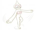 baltoy breasts eyes_closed female game_freak generation_3_pokemon genitals humanoid monochrome motion_lines nintendo nipples not_furry nude pokemon pokemon_(species) posexe pussy simple_background small_breasts smile solo source_request white_background