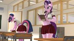 16:9 3d_(artwork) anthro anthrofied anthroponiessfm book bottomwear classroom classroom_desk clothing desk digital_media_(artwork) duo equid equine female friendship_is_magic furniture hair hair_bun hasbro hi_res horn mammal miniskirt my_little_pony mythological_creature mythological_equine mythology school school_uniform shirt skirt starlight_glimmer_(mlp) table topwear twilight_sparkle_(mlp) unicorn uniform widescreen