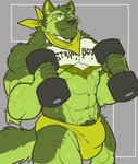 2017 abs abstract_background absurd_res anthro barazoku barely_visible_genitalia barely_visible_penis big_muscles bodily_fluids body_writing bulge canid canine canis clothing dewshep domestic_dog dumbbell english_text exercise genitals german_shepherd green_kerchief green_neckerchief herding_dog hi_res kerchief looking_up male mammal muscular muscular_anthro muscular_male navel neckerchief nightterror pastoral_dog pecs penis penis_base simple_background solo sweat text text_on_body underwear weightlifting weights workout writing_on_chest