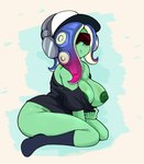 acht_(splatoon) animal_humanoid areola areola_slip baseball_cap big_breasts black_clothing black_topwear blue_background blue_clothing blue_footwear blue_hair blue_socks blush bottomless breasts cephalopod cephalopod_humanoid clothed clothing cpt-pop electronics eyewear female footwear green_areola green_body green_nipples hair hat headgear headphones headwear hi_res humanoid kneeling looking_at_viewer marine marine_humanoid mollusk mollusk_humanoid multicolored_hair nintendo nipples octarian octoling octopus_humanoid one_breast_out pink_hair pseudo_hair sanitized_octarian sanitized_octoling simple_background socks solo splatoon sunglasses tentacle_hair tentacles thick_thighs topwear two_tone_hair white_background wide_hips