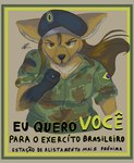 anthro army army_uniform border brazil brazilian brazilian_flag canid canine chaputasso clothed clothing female gesture hand_gesture looking_at_viewer mammal maned_wolf miranda_(naythf) multicolored_body pointing pointing_at_viewer portuguese_text serious solo text translated yellow_border