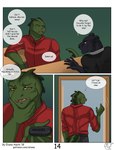 angry anthro bald black_body black_clothing black_fur black_shirt black_topwear clothed clothing comic crocodile crocodilian dialogue duo eliana-asato english_text fur furniture green_body green_scales hi_res leaning_on_table male matt_(eliana-asato) oleg_(eliana-asato) open_mouth panthera red_clothing red_eyes red_shirt red_topwear reptile scales scalie shirt sitting speech_bubble table text topwear touching_face url walking_away yellow_eyes