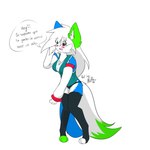 1:1 absurd_res anthro arctic_fox blue_body blue_fur blush canid canine clothed clothing female fox fur green_body green_fur hair hi_res kiro_za mammal pink_eyes simple_background solo tail true_fox white_body white_fur white_hair