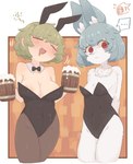 alcohol animal_humanoid anthro beer beverage big_breasts blue_hair bow_tie breast_size_difference breasts bunny_costume clothing costume drunk duo eyes_closed female female/female fur hair hi_res human humanoid inner_ear_fluff lagomorph lagomorph_humanoid leporid_humanoid mammal mammal_humanoid rabbit_humanoid red_eyes substance_intoxication tuft unarsite white_body white_fur