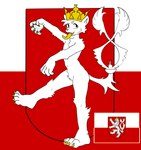 2023 anthro blush blush_lines bohemian_flag cheek_tuft chest_tuft claws coat_of_arms crotch_tuft crown czech czech_lion digital_media_(artwork) facial_tuft felid fur gigawix headgear hi_res leg_tuft lion looking_at_viewer male mammal on_one_leg open_mouth pantherine solo standing tongue tongue_out tuft white_body white_fur yellow_tongue