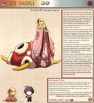 blonde_hair clothing english_text female generation_2_pokemon hair hi_res human humanoid kinkymation long_hair male mammal nintendo pink_clothing pokemon pokemon_(species) purple_eyes purple_hair red_shell shell shuckle text yellow_body yellow_skin