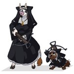 anthro arbalist bovid bovine cattle christian_symbol christianity clothing crossbow digital_media_(artwork) duo female feral holding_object holding_weapon hybrid jewelry mammal necklace nun nun_outfit ranged_weapon religion tama-tama weapon