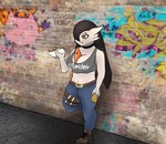 2022 alcohol australian beer beverage beverage_can black_hair breasts cleavage clothed clothing eating eye_scar facial_scar female gardevoir generation_3_pokemon graffiti hair hi_res leaning_on_wall long_hair medium_breasts midriff nintendo not_furry orange_eyes photo_background photography_(artwork) pokemon pokemon_(species) rhode_arts scar shana_(atomic417) shirt signature solo t-shirt topwear