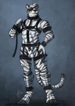 2017 4_toes 5_fingers abs animal_genitalia ankle_cuffs anthro arm_strap balls black_claws black_markings black_nose black_pawpads black_stripes bondage_gear chin_tuft claws collar cuff_(restraint) digitigrade dipstick_tail dipstick_toes eye_patch eyewear facial_tuft feet felid finger_claws fingers fur genitals green_eyes hand_on_hip harness head_tuft herzog_silverfang hi_res holding_leash holding_object hufnaar leash leg_strap looking_at_viewer male mammal markings muscular muscular_anthro muscular_male pantherine pawpads paws pecs penis penis_tip pink_penis pose presenting restraints serratus shaded sheath signature simple_background smile solo standing stripes tail tail_markings tiger toe_claws toes tuft whisker_spots white_body white_fur wrist_cuffs