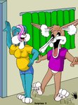 anthro binky_bunny_(rutwell) blue_body blue_fur bottomless breasts brown_body brown_fur buckteeth cartoon_physics clothed clothing duo eye_popping female fur hair kthanid_(artist) lagomorph leporid male male/female mammal open_mouth pink_nose pregnant pregnant_female purple_eyes purple_hair rabbit randy_rabbit rutwell_forest teeth toony