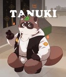 2024 4_fingers absurd_res anthro biped brown_body bulge canid canine clothing detailed_background fingers hi_res hoodie humanoid_hands kemono leaf male mammal navel outside raccoon_dog shirt slightly_chubby solo tanuki text tongmung24 topwear underwear