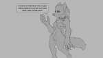 16:9 after_transformation anthro breasts canid canine canis chest_tuft claws collar dialogue digital_drawing_(artwork) digital_media_(artwork) english_text female fur genitals grey_background mammal monochrome nipples nude pussy simple_background solo text transformation tuft watsup widescreen wolf