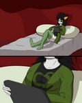 4:5 absurd_res alien bed black_hair bottomless breasts butt clothed clothing comic drawing_display drawing_tablet electronics female furniture green_eyes grey_body grey_skin hair hi_res homestuck horn humanoid legwear lying ms_paint_adventures mudamura nepeta_leijon not_furry solo thigh_highs troll_(homestuck) yellow_sclera