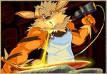 anthro anthrofied apron arcanine black_body black_fur blacksmith blacksmith_apron blacksmithing clothed clothing dahecksajerry fire fur generation_1_pokemon hammer holding_hammer holding_object holding_tool multicolored_body multicolored_fur nintendo open_mouth orange_arms orange_body orange_ears orange_fingers orange_fur orange_hands pokemon pokemon_(species) pokemorph solo tan_body tan_fur tools