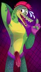 2020 abstract_background alligator alligatorid angelofthecode animal_genitalia animal_penis anthro belt black_eyebrows blush bodily_fluids bottomwear claws clothed clothing crocodilian cum cum_on_penis embarrassed erection eyebrows fangs five_nights_at_freddy's five_nights_at_freddy's:_security_breach genital_fluids genital_slit genitals gloves green_body green_nose hair handwear hi_res looking_aside looking_away male mohawk montgomery_gator mostly_nude multicolored_body open_mouth orgasm pants penis presenting presenting_penis pupils purple_background purple_claws purple_eyes raised_arm red_hair red_tongue reptile rockstar scalie scottgames sharp_teeth short_hair simple_background slit_pupils smile solo standing steel_wool_studios sweat teeth tongue topless vein veiny_penis yellow_body