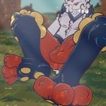 1:1 absurd_res anthro balls blue_body blue_fur blue_sky cinderace feet fluffy foot_fetish foot_focus fur generation_8_pokemon genitals grass grassy_field hi_res judasthesinner light male nintendo nipples paws penis plant pokemon pokemon_(species) red_body red_fur red_toes shadow sky smile smiling_at_viewer solo sunlight sunny tree white_nipples yellow_body yellow_fur