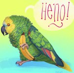 2020 amazon_parrot ambiguous_gender avian banana beak bird black_beak black_claws black_tongue claws dialogue digital_media_(artwork) digital_painting_(artwork) english_text feathered_wings feathers feral food fruit full-length_portrait gradient_background green_body green_feathers handwritten_text hi_res holding_banana jaspering neotropical_parrot on_one_leg open_beak open_mouth orange_eyes parrot plant portrait red_text shaded signature simple_background solo speech_bubble standing tail tail_feathers talking_feral text tongue true_parrot wings yellow_body yellow_feathers