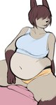 2016 anthro belly belly_overhang bodily_fluids bottomwear brown_hair clothing covered_eyes crop_top drooling felid feline female hair hair_over_eyes hotpants lynx mammal midriff navel overweight overweight_anthro overweight_female pants pewbutt saliva shirt shorts simple_background sitting snow_(pewbutt) solo tank_top topwear underwear white_background