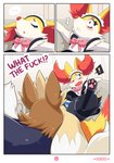 :< absurd_res ace_the_stoutland_(special_services) anthro black_speech_bubble blush bottomwear braixen canid canine clothed clothing comic crotch_sniffing cute_fangs dark_text dialogue dress duo ellie_the_braixen ellipsis embarrassed english_text exclamation_point eyes_closed fangs femboy feral fur game_freak generation_5_pokemon generation_6_pokemon heart_after_signature heart_before_signature heart_in_signature heart_symbol hi_res inner_ear_fluff legwear maid_headdress maid_uniform male mammal nikkibunn nintendo number open_mouth page_number panties panties_bulge pattern_bottomwear pattern_clothing pattern_panties pattern_underwear pawpads paws penis_in_panties pokemon pokemon_(species) polygonal_speech_bubble profanity purple_text signature simple_background sniffing speech_bubble stoutland striped_bottomwear striped_clothing striped_panties striped_underwear stripes surprise teeth text text_with_heart tuft underwear uniform upskirt yellow_text