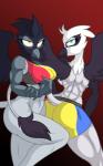 2015 anthro avian beak big_breasts bottomless breasts clothed clothing duo feathered_wings feathers female friendship_is_magic genevieve_(mlp) greta_(mlp) gryphon hasbro hi_res jrvanesbroek looking_at_viewer muscular muscular_female my_little_pony mythological_avian mythological_creature mythology non-mammal_breasts tail tail_tuft topless tuft wings