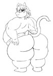 2019 absurd_res accessory anthro belly big_belly big_butt black_and_white blush bottomwear bow_ribbon breasts butt clothed clothing domestic_cat felid feline felis female hair hair_accessory hair_bow hair_ribbon hi_res huge_thighs if_hell_had_a_taste loincloth loincloth_only mammal marci_hetson monochrome obese obese_anthro obese_female overweight overweight_anthro overweight_female ribbons solo sumo thick_thighs topless viroveteruscy