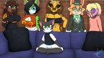 16:9 absurd_res anthro arthropod blue_eyes bovid bovine brick_wall brown_eyes candybite_(poisonedcherry) carrot_(carrotsjamz) esther_(gamingeelektross) felid feline female feng_(twilightzephyr) fur furniture galvantula generation_5_pokemon green_body green_eyes green_fur group hair herm heterochromia hi_res hymenopteran insect intersex jota_the_cat looking_at_viewer male mammal meme nintendo on_sofa piper_perri_surrounded pokemon pokemon_(species) ponytail red_eyes sitting sitting_on_sofa sofa wall_(structure) whygenamoon widescreen