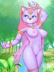 2018 anthro around_the_world_with_willy_fog blue_eyes breasts clothing damn_lasso_tool domestic_cat ear_piercing felid feline felis female fur genitals hood jewelry mammal mostly_nude nature navel nipples nude nude_edit outside pantherine piercing plant princess_romy purple_body purple_fur pussy solo standing third-party_edit translucent translucent_clothing