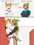 3:4 anthro anthrofied chespin cid_(fuze) clothed clothing comic crossed_arms dialogue duo english_text fuze generation_6_pokemon generation_8_pokemon hi_res hug jockstrap jockstrap_only king_(fuze) kissing locker_room male male/male nintendo pokemon pokemon_(species) pokemorph scorbunny scut_tail shirt short_tail t-shirt tail text topless topwear underwear underwear_only