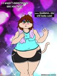 2017 anthro belly blush bottomwear breasts brown_hair clothing colored comic domestic_cat english_text felid feline felis female fur hair hi_res if_hell_had_a_taste mammal marci_hetson obese obese_anthro obese_female open_mouth overweight overweight_anthro overweight_female shirt shorts solo teal_eyes text topwear towel url viroveteruscy