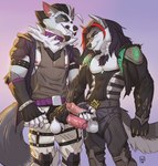 anthro armor athletic athletic_anthro athletic_male balls bodily_fluids bottomwear canid canine canis clothed clothing digital_media_(artwork) duo erection fangs fingers foreskin fox fur genital_fluids genitals hair hand_on_penis handjob hi_res humanoid_genitalia humanoid_penis leaking_precum lion21 looking_at_another male male/male mammal mutual_handjob mutual_masturbation nipple_piercing nipples pants pecs penile penis piercing precum sex shirt simple_background smile standing tail tank_top teeth topwear wolf zipper zipper_down