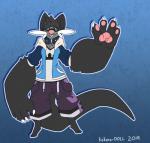 2019 3_toes 4_fingers anthro big_forearms big_hands black_body black_fur black_hair black_sclera blue_background bottomwear claws clothed clothing collar dewott eyewear fan_character feet fingers forearms fur ganger generation_5_pokemon gesture glasses gradient_background green_eyes grey_body grey_fur hair hi_res hoodie kokoro-doll male nintendo outline pawpads pink_nose pink_pawpads pokemon pokemon_(species) purple_bottomwear purple_clothing purple_shorts raised_arm short_hair shorts simple_background smile solo standing textured_background toes topwear v-neck waving white_claws