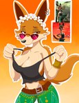 2024 anthro belt big_breasts bodily_fluids breasts brown_body brown_eyes brown_fur canid canine canis cleavage clothed clothing clothing_pull dingo dreamworks ear_piercing ear_ring eyewear feet female floral flower flower_crown flower_garland fur garland glasses half-closed_eyes head_wreath hi_res looking_at_viewer mammal midriff narrowed_eyes paws piercing plant puss_in_boots_(franchise) reference_image ring_piercing sheila_(puss_in_boots) simple_background solo standing sunglasses sweat tail tan_body tan_fur zebra10045